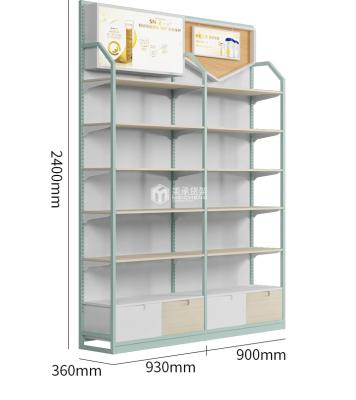 China Meicheng Single Sided Customized Color Metal Wood Wall Shelf For Retail Store Snack Display Rack With Advertisement Board for sale