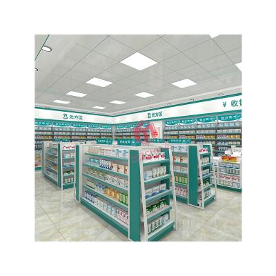 China Meicheng Pharmacy Medicine Pharmacy Gondola Display Rack Popular Single/Double Sided Pure White Wooden Shelves for sale