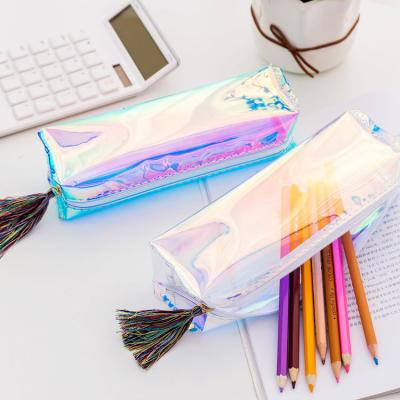 China Zipper Closure Laser Creative Transparent Sequin Pen Bag Pendant Tassel Multicolor Stationery Bag School Pencil Case for sale