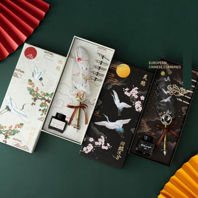 China Promotional Pen Hot Sales China Supplier Calligraphy Notebook Wax Seal Ink Bottle Feather Pen Set For Gift for sale