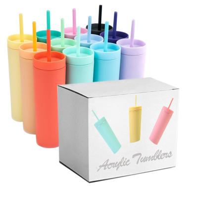 China Wholesale Minimalist Plastic Acrylic Double Wall Tumblers 16oz Lean Cup With Matte Painted Lids And Straws Rainbow Color for sale