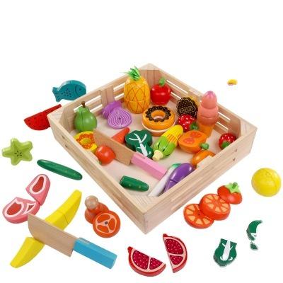 China Electronic Toy Wooden Play Food for Kids Kitchen Pretend Cutting Food Toys with Tray Dishes and Wooden Knife for Kids Food Vegetables and Fruit for sale