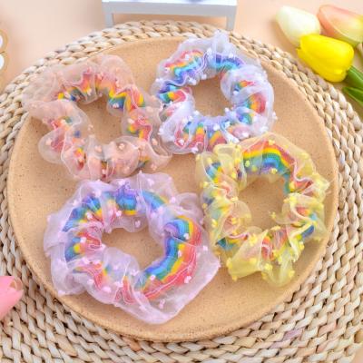 China Simple And Cute 7 Colors Ins Style Print Luxury Simple White Hair Tie Scrunchies Pastel Artificial Silk Hair Elastic Band For Girls Women for sale