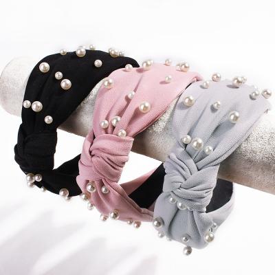 China 2021 New Women's Soft Velvet Headband Studs Pearl Knot Wide Women's Turban Headband Fashion Accessories for sale