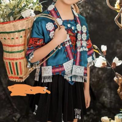 China Traditional Embroidered Miao Silver Ethnic Girl Stage Dress Lunaric Miao Hmong Children Clothing Sets Custom Clothing for sale