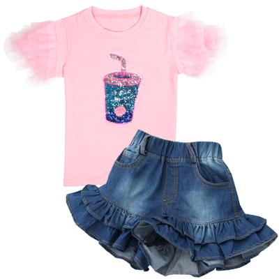 China 4-9Years Little&Big Girls Summer Short Sleeve Casual T-shirt Top+Denim Shorts With Belt 2pcs Clothing Set for sale