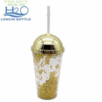 China Multi Stocked Confetti Straw Coffee Mug Double Wall Gold Plastic, Lid and 16oz Gold Confetti Straw Coffee Tumbler for sale