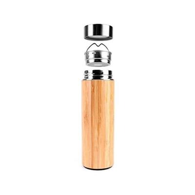 China Sustainable 420ml Double Wall Vacuum Insulated Bamboo Thermos Tea Tumbler , Bamboo Water Bottle With Tea Infuser for sale