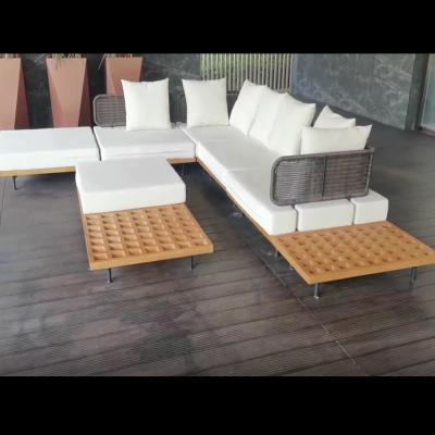 China Water Proof Factory Customized Teak Cord 7 Pieces Set White Outdoor Sofa Set for sale