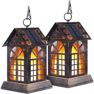 China Garden Metal Solar Flame Lantern Hanging Night Lights Outdoor Yard Garden Patio Decorative Holiday Lamp for sale