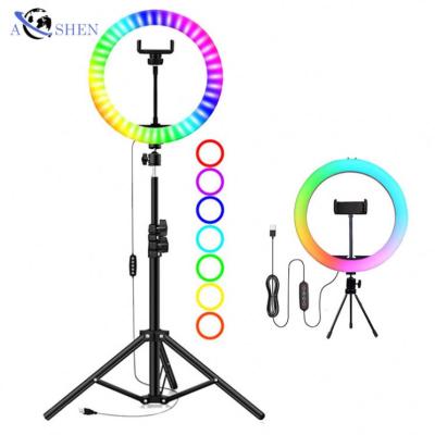 China Colorful light making 12 inch smartphone beauty RGB makeup led selfie ring light and tripod floor stand for YouTube livestream for sale