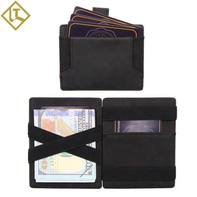 China Magic RFID Trick Card Holder Genuine Leather Wallet With Zipper Coin Pocket Wallet Elastic Straps for sale