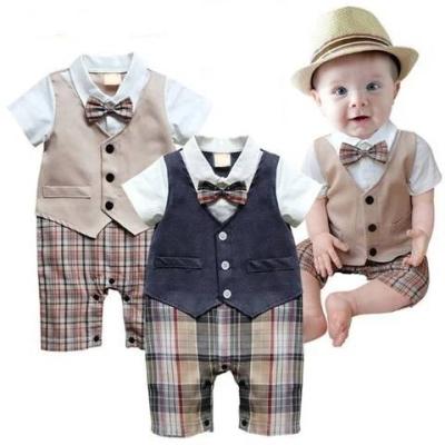 China Cotton One Piece Baby Boy Summer Gentleman Vest Bow Tie Plaid Romper Short Sleeve Romper for sale