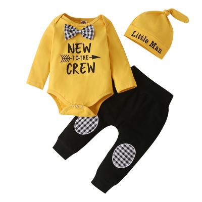 China Cotton foreign trade border children's clothing boy long-sleeved letter printed romper embroidered pants hat three-piece suit for sale