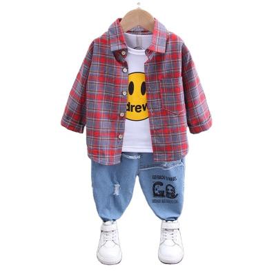 China OEM 2021 Fashion Plaid Shirt Casual Classic Short Sleeve Jeans Three Piece Suit For Boys for sale