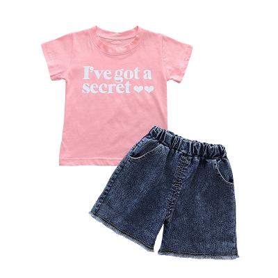 China Casual Girls Short Sleeve Crewneck Shirt Children's Clothing Baby Jeans Two-Piece Suit for sale