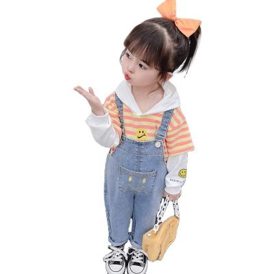 China OEM New Casual Two Piece Girl Girl's Long Sleeve Striped Hooded Sweatshirt Autumn With Strap Jeans for sale