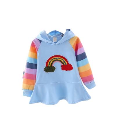 China Wholesale OEM Girls Vintage Hooded Dress Sweet Rainbow Long Sleeve Ruffles Skirt Baby Kids Girl Dress for sale