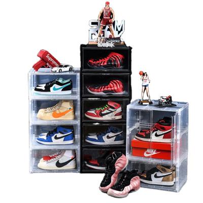 China Freely Assembled Workable Sneaker Shoe Box Organizer Side Clear Magnetic Stackable Shoe Box Open Plastic Shoe Storage Box for sale