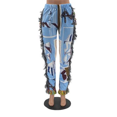 China Anti-pilling OEM custom designs unisex tapestry pants men cover pants women tassel tapestry pants for sale