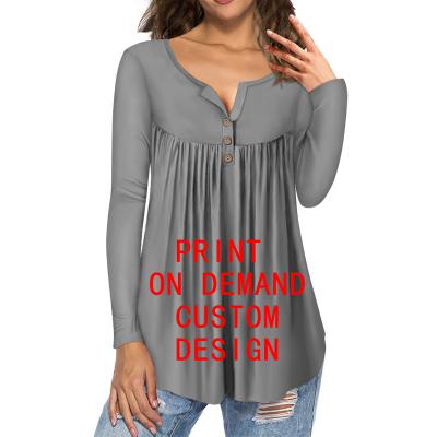 China Autumn Spring/V-neck Long Sleeve Ruched Blouse Anti-pilling Shirt For Women Printing Ladies Good Quality Tops Print On Request Drop Shipping for sale