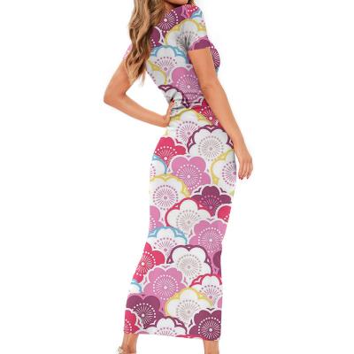 China Japanese Style Cherry Blossom Print Women Sexy Bodycon Vintage Anti-static Design Short Sleeve Maxi Dress Casual Clothing 2021 Wear for sale