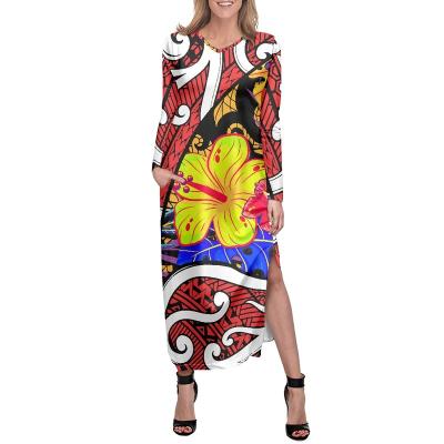 China Anti-Static Drop Shipping Polynesian Women Long Sleeves Hibiscus Design Plus Size Luxury Dresses V-Neck Custom Sublimation Print Dresses for sale