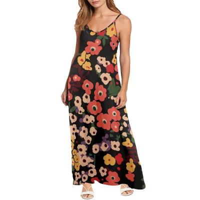 China Cottagecore Breathable Plus Size Women's Maxi Dress Summer Casual Sexy Floral Elegant Print Long Dress Ladies Sleeveless V-neck Vestido for sale