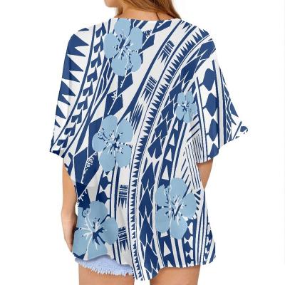 China 2021 Polynesian Blue Hibiscus Print Design Half Sleeve Shirt Women's Top Anti-pilling Custom Plus Size Women's Cardigans Coats Casual Cover Up for sale