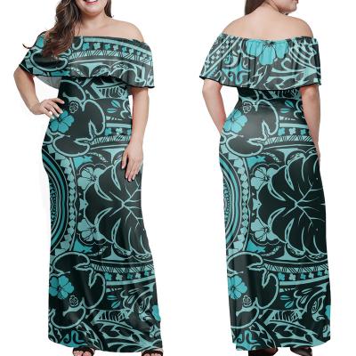 China Hawaiian Polynesian Prints Casual Green Purple Frangipani Off Shoulder Ladies Long Maxi Dress Prom Bodycon Casual Ruffle Dress Fabrics for sale