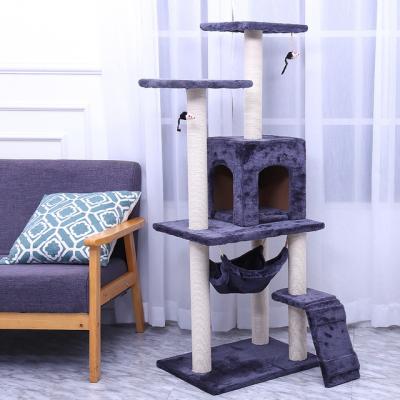 China Gray Elegant Plush Kitten Wooden Sustainable Houses Entertainment Striping Post Tower Cat Tree Deck for sale