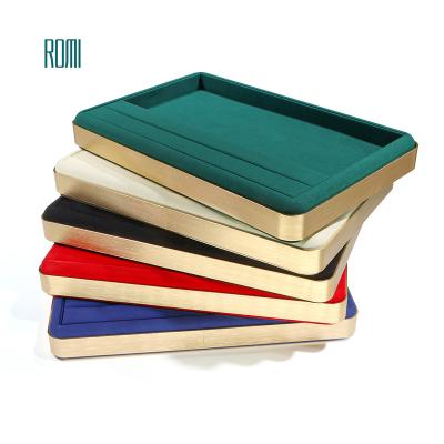 China Luxury Vintage ROMI Custom Counter Shop Blue Microfiber Suede Matel Jewelry Ring Earrings Bracelet Necklace Display Tray for sale