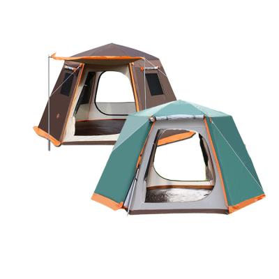 China Straight tie type outdoor waterproof hexagonal pavilion double layer camping aluminum 8 person beach family noise automatic tent for sale