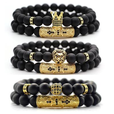 China Natural Lava Rock Stone Black Beads 8mm Ball Disco Charm Bracelet Matte Onyx Stone Charm 2Pcs/Set CZ TRENDY Crown Bangle For Men Women for sale