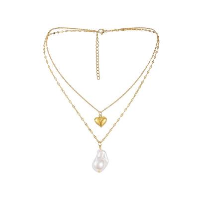 China TRENDY Fashion Adjustable Thin Chain Gold Plated Titanium Steel Non Tarnish Jewelry Layered Love Heart Pendant Choker Pearl Necklace for sale