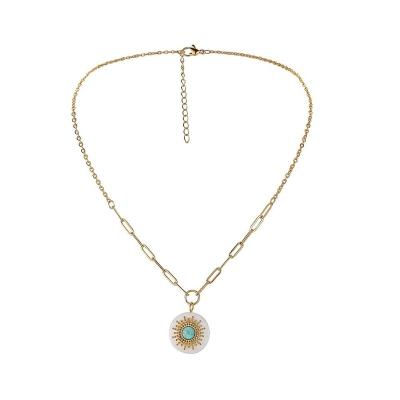 China New Stainless Steel Stone Shell Sunshine Clavicle Chain Golden Turquoise Sunflower High Quality Dangling Charm Stainless Steel Beaded Necklace for sale