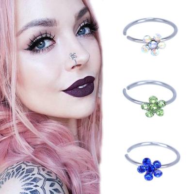 China Fashion Ring Hoop Surgical Steel Small Tragus Cartilage Piercing Jewelry Flower Crystal Nostril Nose Ring Stud Fashionable Thin Fake Nose Ring for sale