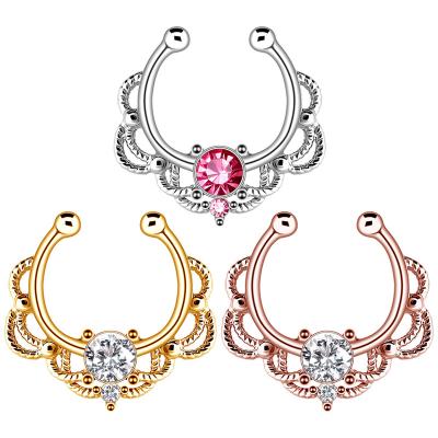 China Trendy Crystal C Shaped Nose Ring Punk Nose Septum Chaeater Clip On Lacey Flower Pattern Royalty Nose Fake Circle Ring Jewelry for sale