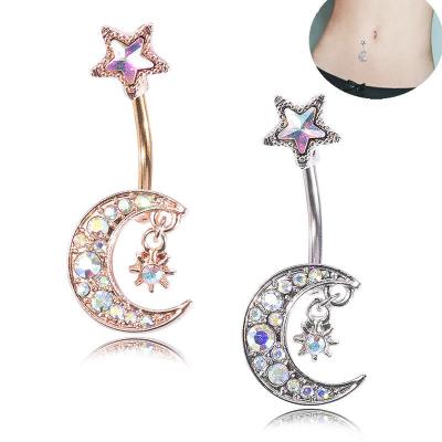 China New Fashionable Colorful Crystal Barbell Navel Button Piercing For Women Sexy Tassel Moon Star CZ Surgical Steel Zircon Dangle Belly Rings for sale