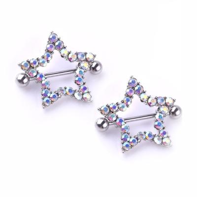 China New Crystal Stainless Steel Star Steampunk Charm Five-pointed Nipple Ring Piercing Tongue Ring Barbell Shields Trendy Body Jewelry for sale