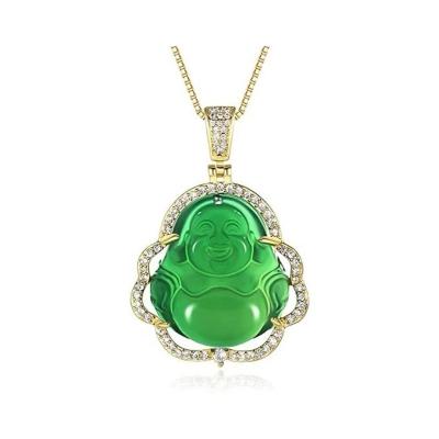 China Trendy Zircon Lucky Chinese Laughing Buddha Pendant Fashion Bling for Men Women Amulet Jewelry Green Jade Buddha Necklace for sale