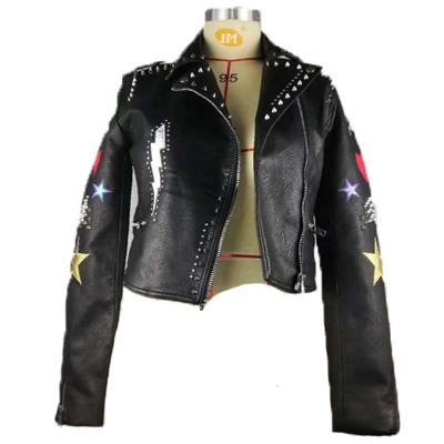 China Viable Pinghu FASHION 2019 New Design China Wholesale Factory OEM Embroidery Pattern Rivet Style Custom Women Leather Motorcycle Jacket for sale