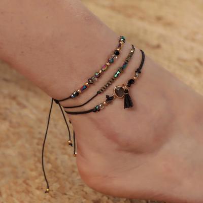 China Vintage 2022 New Miami Beach 18K Gold Plated Adjustable Pull-Link Glass Beaded Anklets For Girls for sale