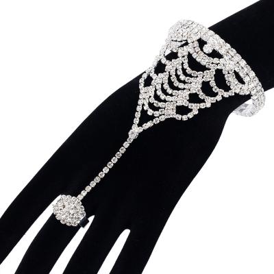 China Luxury Romantic Crystal Glass Rhinestone Cuff Bracelet With Rings Hand Ornament Wedding Accessories for sale