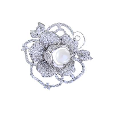 China Micro Insert Flower Pins Brooches Luxury Cubic Zircon Pins Pave Rose Flower Brooches With Pearls For Engagement for sale