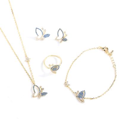 China CLASSIC Hot Sale Jewelry Set Fine Necklace, Earring, Bracelet And Ring 4 Pcs Blue Zircon Insects Pave Stone Butterfly for sale