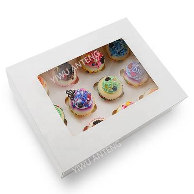 China Recycled Materials Factory Custom Front Paper White Packaging 12 Hole Cupcake Boxes With Insert Paper Bakery Cookie Boxes With Clear Windows for sale