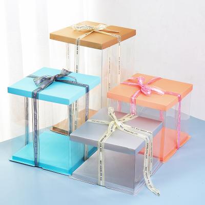 China Handmade rectangle customized transparent PET cake box in stock with ribbon and window customized for birthday gift packaging for sale