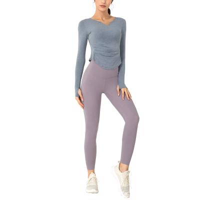 China Yoga Suit V-Neckline Long Sleeve Long Sleeve Bare Slim Fit Running Sports T-shirt Top Women Tops Anti-UV for sale