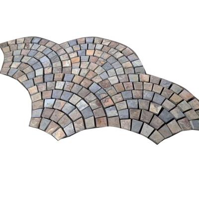 China Eco-friendly Fan Shape Beige Slate Paver Carpet Mesh Slab Tile for sale